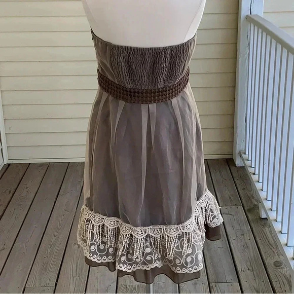 Ryu Anthroplogie Sleeveless Dress Brown With Camel Lace Overlay Fringe Sz Large - Picture 2 of 9